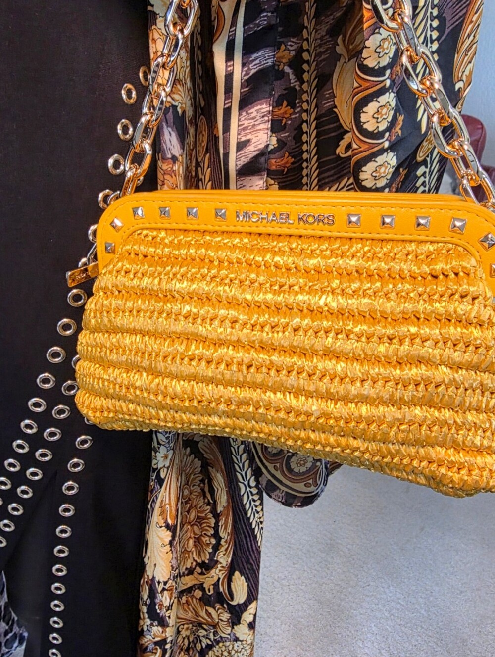 Michael Kors Yellow Woven Gold Chain-Handle Clutch